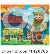 Happy Male Forester By A Hay Trough With Binoculars And A Dog In A Fall Landscape
