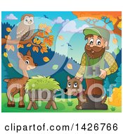 Poster, Art Print Of Happy Male Forester By Animals At A Hay Trough With Binoculars And A Dog