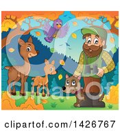 Poster, Art Print Of Happy Male Forester With Wild Life Binoculars And A Dog In An Autumn Landscape