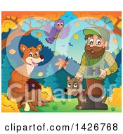 Happy Male Forester With A Bird And Fox Binoculars And A Dog In An Autumn Landscape