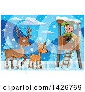 Poster, Art Print Of Happy Male Forester In A Lookout Watching Deer On A Winter Day