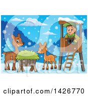 Clipart Of A Happy Male Forester In A Lookout Watching Deer On A Winter Day Royalty Free Vector Illustration