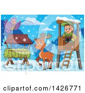 Poster, Art Print Of Happy Male Forester In A Lookout Watching A Bird And Deer On A Winter Day