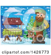 Poster, Art Print Of Happy Male Forester By A Hay Trough With Binoculars And A Dog In A Winter Landscape