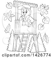 Poster, Art Print Of Black And White Lineart Happy Male Forester In A Lookout