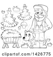 Black And White Lineart Male Forest Worker With A Dog Trough Mushrooms And Trees