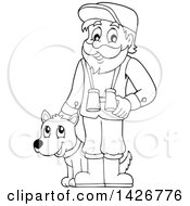 Black And White Lineart Happy Male Forester With Binoculars And A Dog