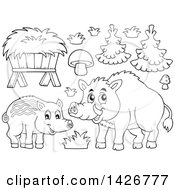 Clipart Of A Black And White Lineart Razorback Boar Mother And Piglet Royalty Free Vector Illustration