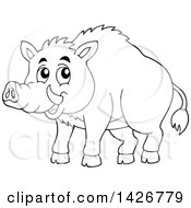 Clipart Of A Black And White Lineart Razorback Boar Royalty Free Vector Illustration