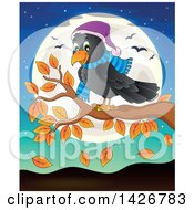 Poster, Art Print Of Happy Crow On An Autumn Branch Against A Full Moon
