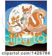 Poster, Art Print Of Happy Squirrel Holding An Acorn On An Autumn Branch Against A Full Moon