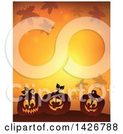 Poster, Art Print Of Halloween Background Of Falling Leaves And Silhouetted Jackolantern Pumpkins On Orange