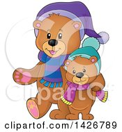 Poster, Art Print Of Parent And Child Bears Walking And Wearing Winter Accessories