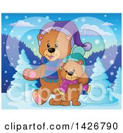 Poster, Art Print Of Parent And Child Bears Walking And Wearing Winter Accessories In The Woods