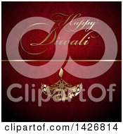 Golden Happy Diwali Text And Oil Lamp On Red Damask