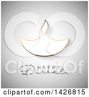 Poster, Art Print Of Happy Diwali Text With A Gold Outlined Oil Lamp On Gray