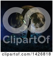 Clipart Of A 3d Zombie Hand Rising From The Earth Against A Full Moon Royalty Free Illustration