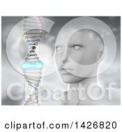 Poster, Art Print Of 3d Female Human Head With A Dna Strand One Piece Glowing Blue Over Gray