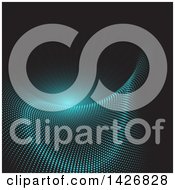 Clipart Of A Background Of Blue Techno Halftone Dots Waving And A Flare Of Light On Black Royalty Free Vector Illustration
