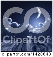 Clipart Of A Crescent Moon And Cloudy Night Sky Over A 3d Aged Wooden Deck Royalty Free Illustration