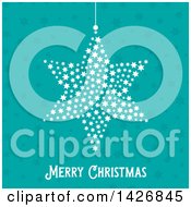 Clipart Of A Hanging Star Ornament Over A Turquoise Star Pattern And Merry Christmas Text Royalty Free Vector Illustration