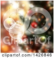 Clipart Of A Background Of Transparent Glass Christmas Baubles Hanging Over A Blurred Tree Royalty Free Vector Illustration
