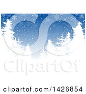 Poster, Art Print Of Blue Winter Background With White Silhouetted Evergreen Trees And Snowflakes