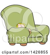 Cartoon Little Blond Caucasian Boy Sitting In A Big Green Arm Chair
