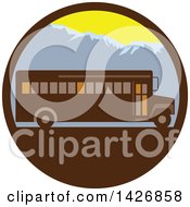 Poster, Art Print Of Retro School Bus Against Mountains In A Circle