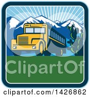 Poster, Art Print Of Retro Yellow School Bus With Cactus And Mountains Against A Sunny Sky Inside A Square