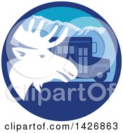 Clipart Of A Retro Moose Head And A School Bus In A Blue Mountain Circle Royalty Free Vector Illustration