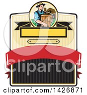 Poster, Art Print Of Retro Male Organic Farmer Carrying A Bushel Of Harvest Produce In A Circle Against A Barn And Silo Over A Badge