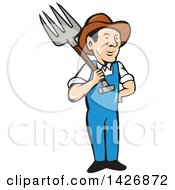 Retro Cartoon Male Farmer Or Worker Holding A Pitchfork Over His Shoulder