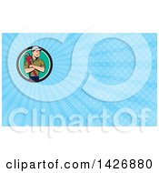 Poster, Art Print Of Retro Cartoon White Male Plumber Or Handy Man Holding A Monkey Wrench In Folded Arms And Blue Rays Background Or Business Card Design