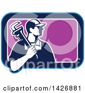 Poster, Art Print Of Retro Male Plumber Holding A Monkey Wrench Over His Shoulder In A Blue White And Purple Rectangle