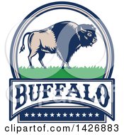Clipart Of A Retro Woodcut American Buffalo Bison On Grass In An Oval With Text And Stars Royalty Free Vector Illustration
