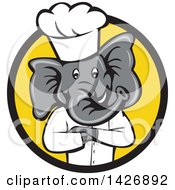 Poster, Art Print Of Cartoon Elephant Chef Man With Folded Arms In A Black And Yellow Circle