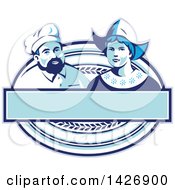 Poster, Art Print Of Retro Male Baker And Dutch Lady In A Blue And White Oval With A Blank Banner