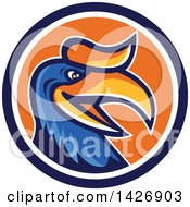 Poster, Art Print Of Retro Cartoon Hornbill Or Bucerotidae Bird Mascot In A Blue White And Orange Circle