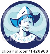 Clipart Of A Retro Dutch Woman Wearing A Bonnet In A Blue Circle Royalty Free Vector Illustration