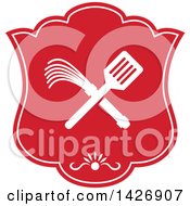 Clipart Of A Retro Crossed Spatula And Flogger Whip In A White And Red Shield Royalty Free Vector Illustration by patrimonio