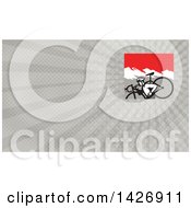 Poster, Art Print Of Retro Male Cyclocross Athlete Running And Carrying Bicycle On His Shoulders In The Mountains And Gray Rays Background Or Business Card Design