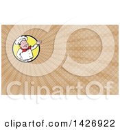Clipart Of A Retro Cartoon Male French Chef Presenting And Brown Rays Background Or Business Card Design Royalty Free Illustration by patrimonio