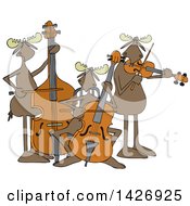 Poster, Art Print Of Cartoon Trio Of Moose Playing An Upright Bass Cello And Violin Or Viola