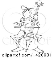 Clipart Of A Cartoon Black And White Lineart Musician Moose Playing A Cello Royalty Free Vector Illustration