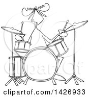Poster, Art Print Of Cartoon Black And White Lineart Musician Moose Playing The Drums