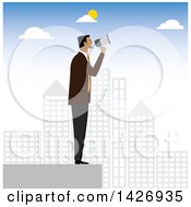 Clipart Of A Corporate Business Man Shouting Through A Megaphone On Top Of A Skyscraper Royalty Free Vector Illustration