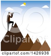 Corporate Business Man Standing On Mountain Peaks And Looking Out Through A Telescope