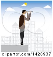Clipart Of A Corporate Business Man Standing On Top Of A Skycraper And Looking Out Through A Telescope Royalty Free Vector Illustration