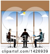 Poster, Art Print Of Meeting Of Three Corporate Business Men Sitting At A Table And Using Gadgets